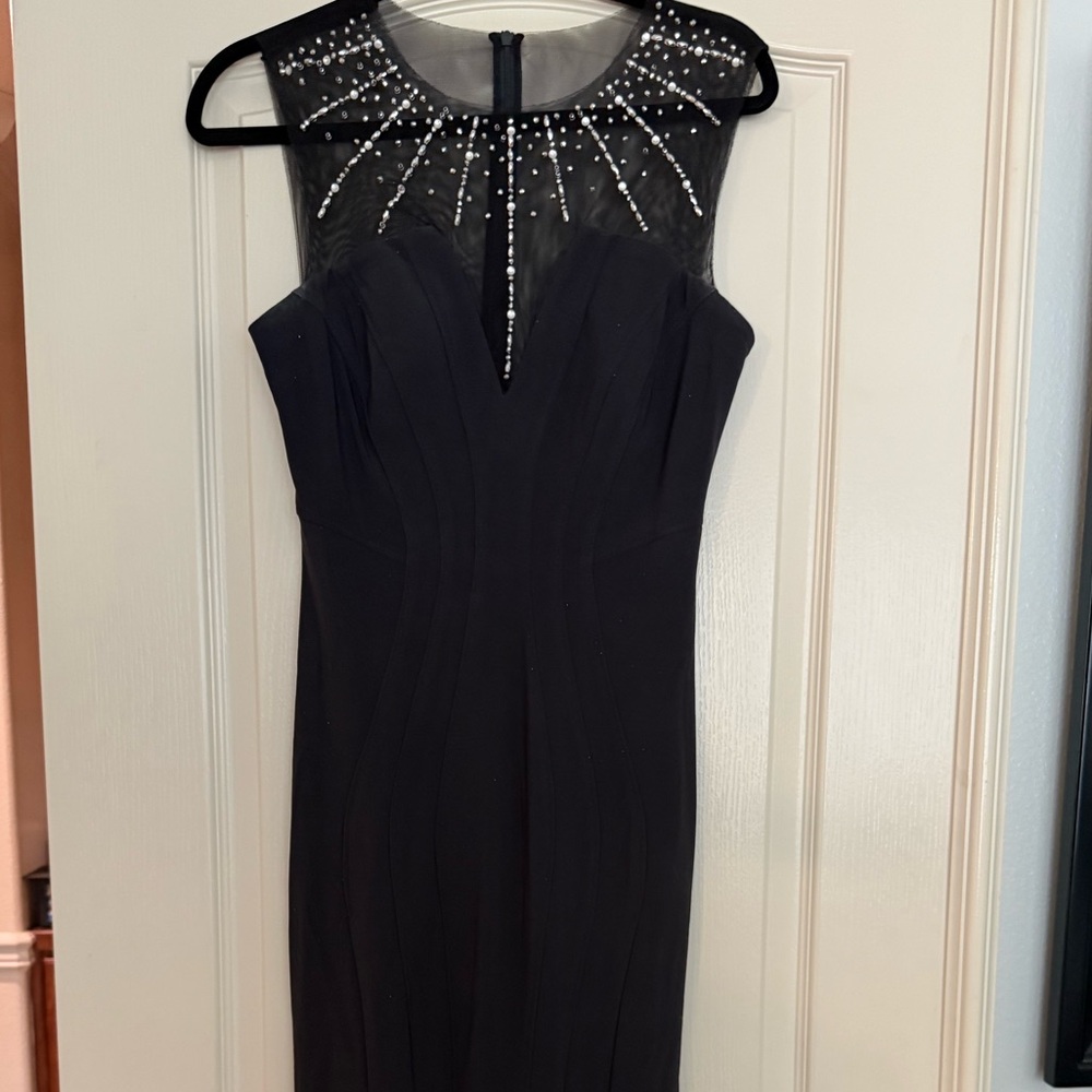 Elegant Black Sleeveless Dress with Beaded Illusion Neckline